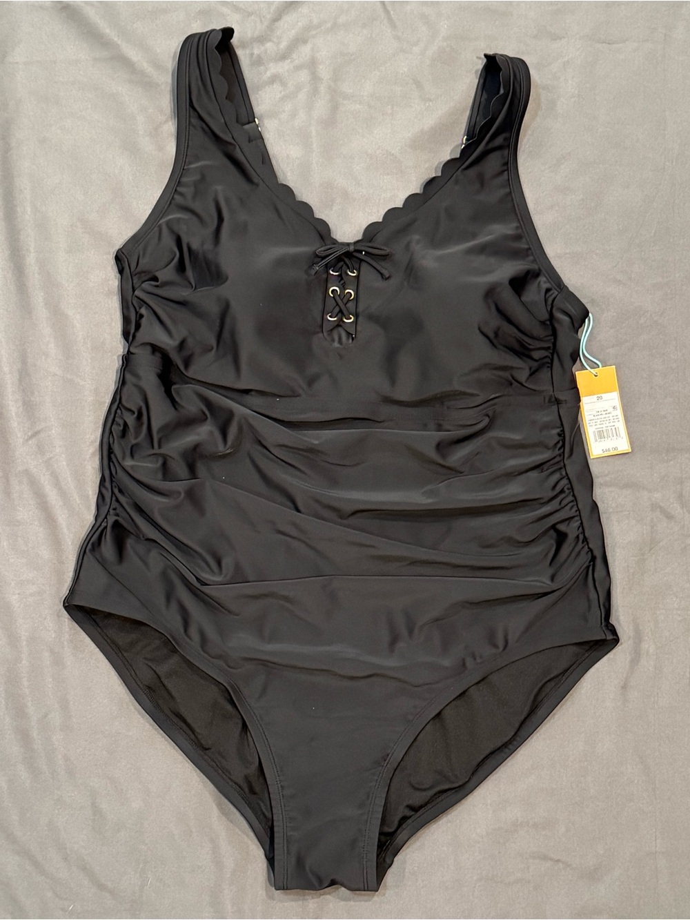 Kona Sol Black Lace-Up Scallop One-Piece Swimsuit Sz 20 NWT